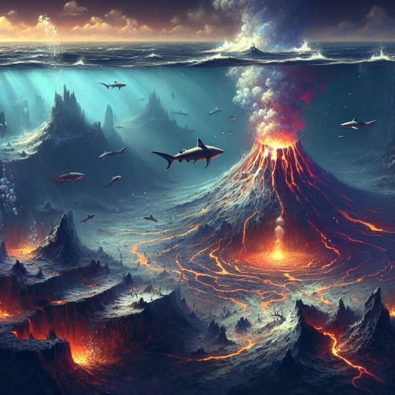 Sharks swimming around a vibrant, active underwater volcano