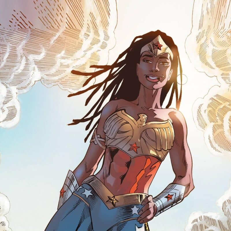 Nubia, Wonder Woman's black sister, wearing her iconic superhero outfit