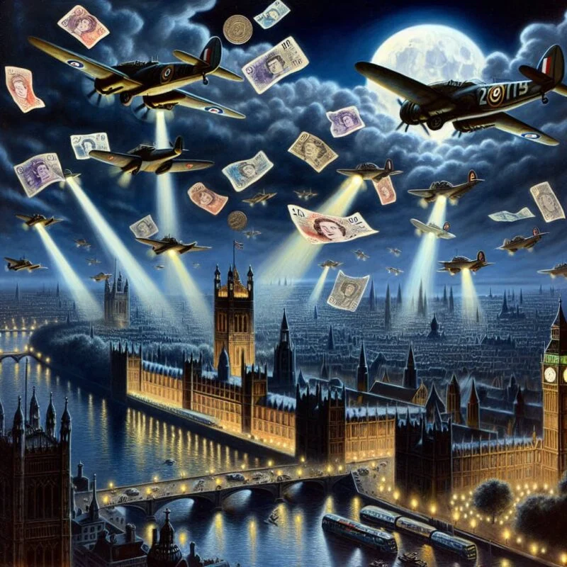 German bombers dropping counterfeit British pound notes over London at night