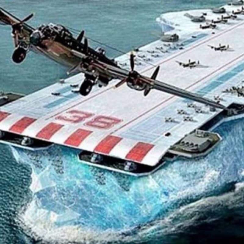 A large aircraft carrier made of ice and wood pulp