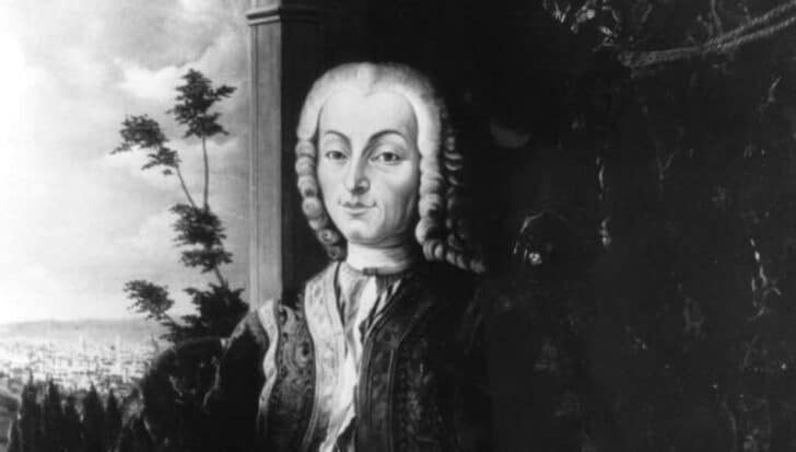 18th-century portrait of Bartolomeo Cristofori in period clothing, surrounded by trees and a building