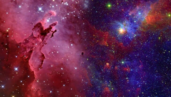 Colorful view of a nebula in space filled with stars and cosmic clouds.