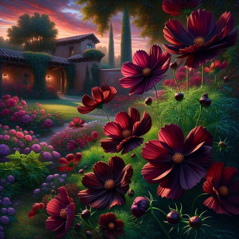 Dark red cosmos atrosanguineus flowers in a garden with a scenic backdrop of a house, trees, and a colorful sunset sky