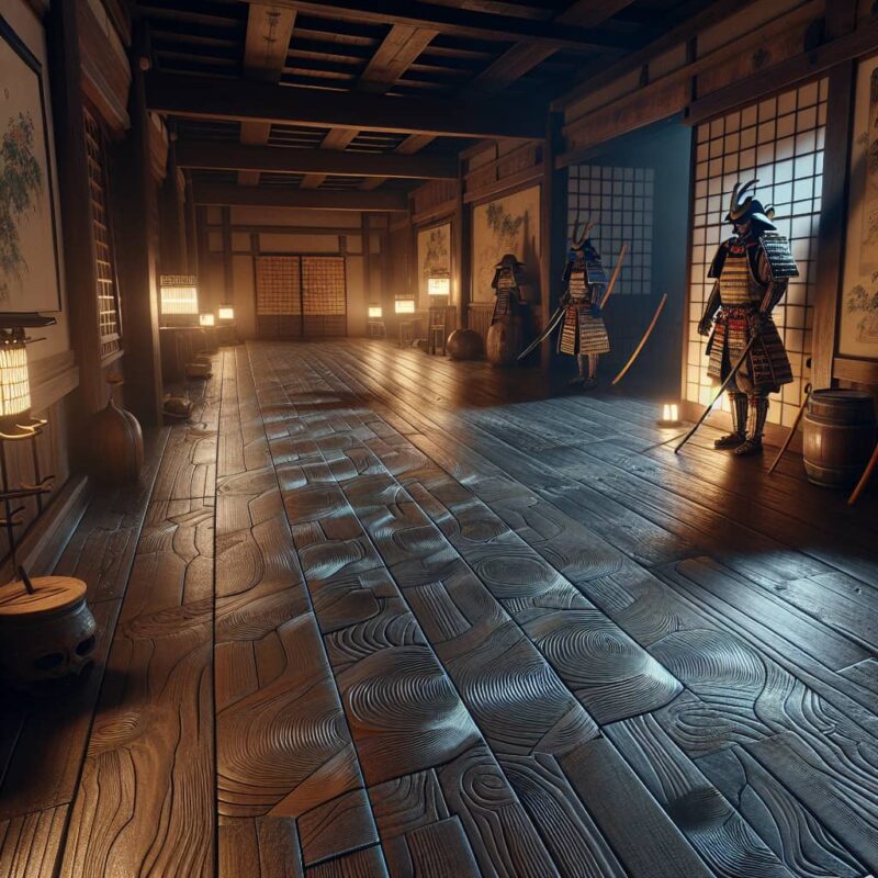Dimly lit corridor with polished wooden nightingale floors, traditional shoji screens, and three samurai armors
