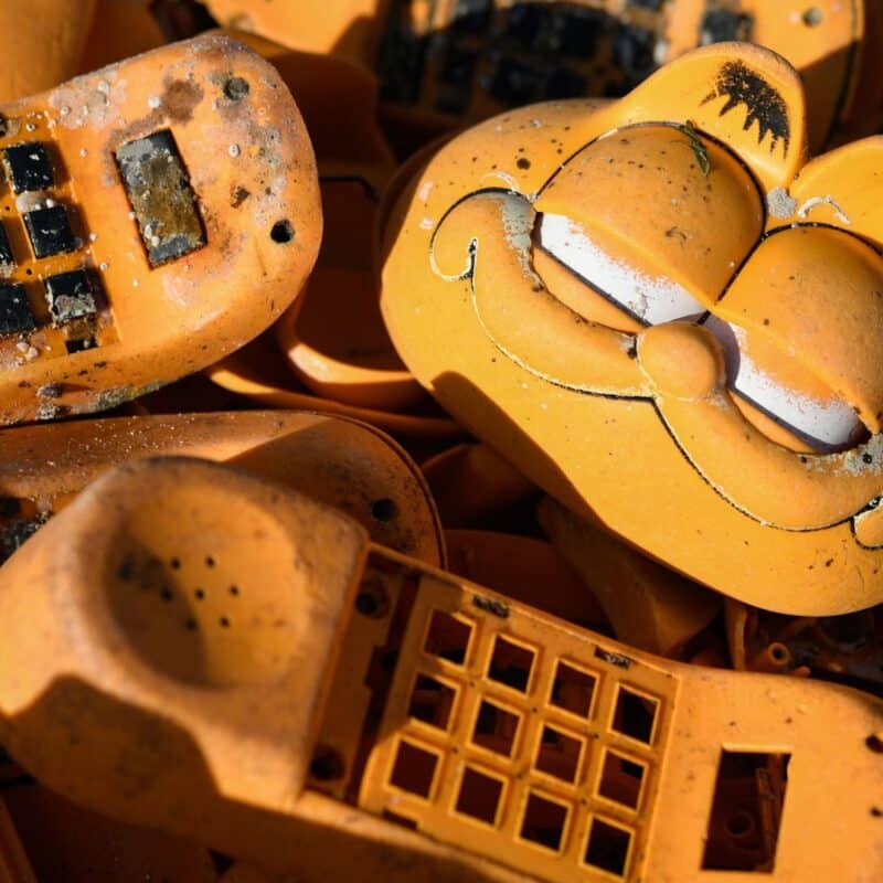 Broken and weathered orange Garfield phones, partially covered in sand