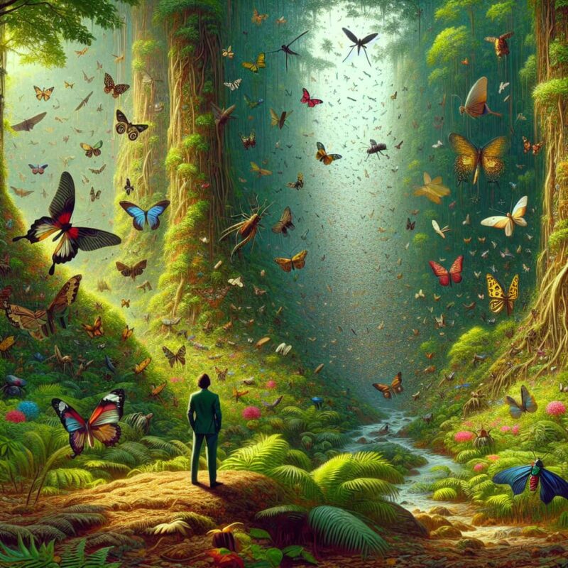 A person standing in a lush, vibrant forest surrounded by a massive swarm of colorful insects