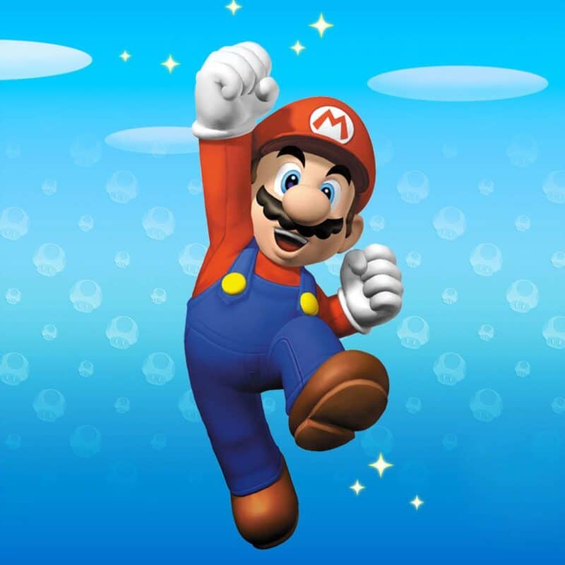 Mario jumping with a fist raised in a cheerful pose against a blue background