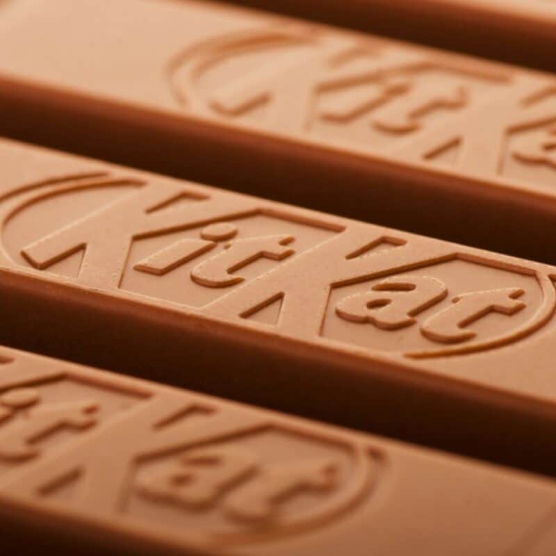 Close-up view of multiple KitKat chocolate bars
