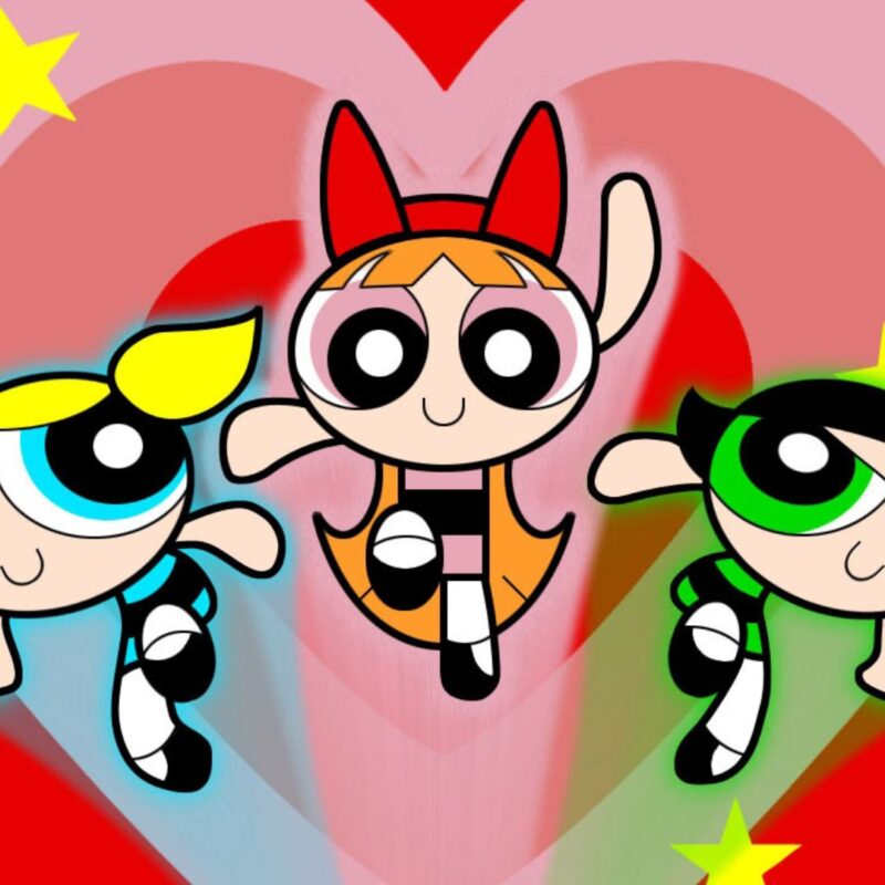 The Powerpuff Girls flying, with a heart background and stars