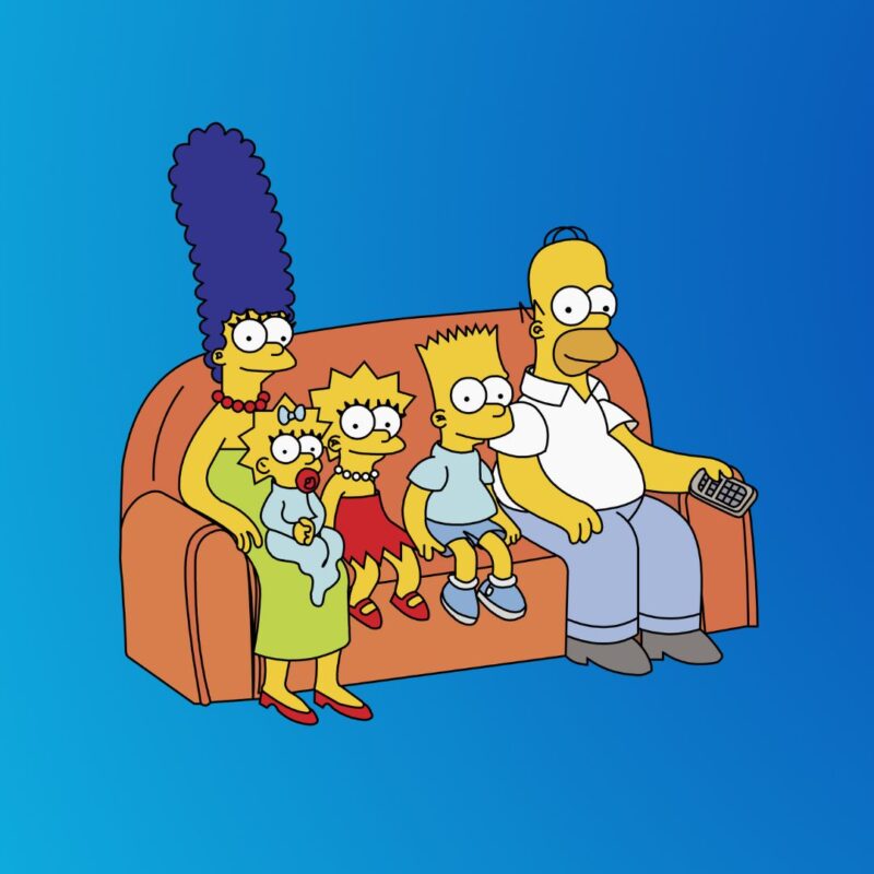 The Simpson family sitting on their living room couch against a blue background