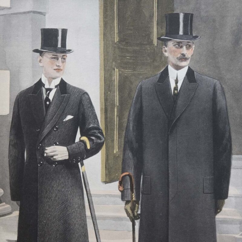 Two gentlemen dressed in formal coats and top hats stand outdoors