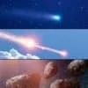 Three separate images depicting space phenomena in a sequence: a comet with a glowing tail in a starry sky, a meteor streaking through the Earth's atmosphere against a backdrop of clouds, and several asteroids floating in space