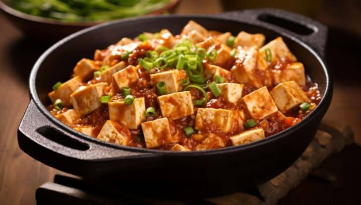 Mapo tofu, tofu cubes in a rich, spicy sauce topped with chopped green onions in a black clay skillet