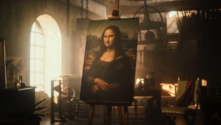 An unfinished Mona Lisa painting on an easel in a dimly lit studio