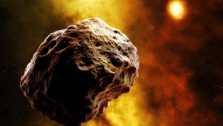 A large asteroid with a rough, rocky surface in space, illuminated by surrounding golden and red nebulae