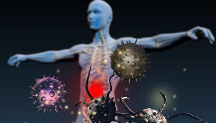 the human immune system with abstract pathogens in the foreground and a human figure in the background