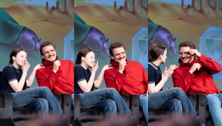 Pedro Pascal and Bella Ramsay smiling and interacting on stage with a colorful backdrop