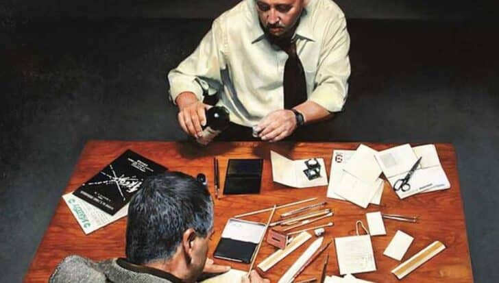 Two men are seated at a table preparing materials, with objects like papers, scissors, and a brochure about a fake Hollywood movie