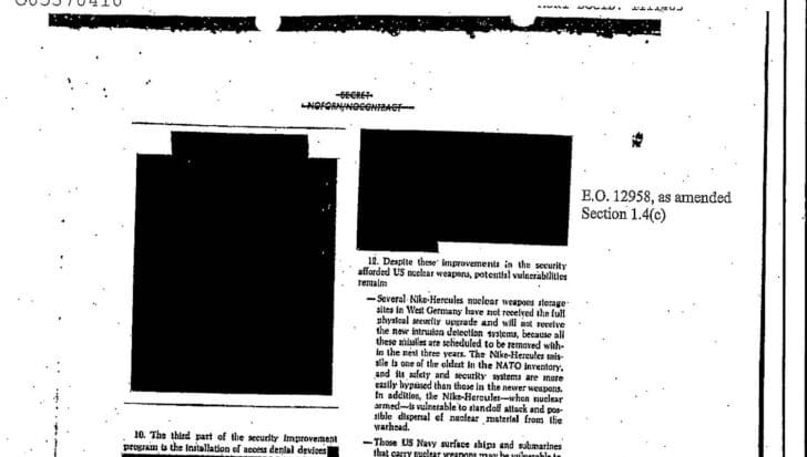 Classified document with redacted sections and mention of security vulnerabilities related to US nuclear weapons