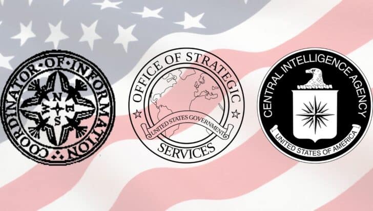 Logos of Coordinator of Information, Office of Strategic Services, and Central Intelligence Agency on an American flag background