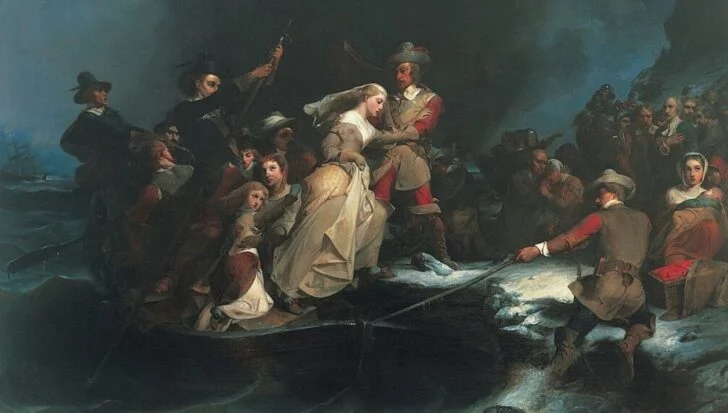 A group of Pilgrims on a small boat arriving at a rocky shore, with one helping a woman step onto land