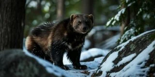 A wolverine standing on a snowy forest floor surrounded by trees and rocks