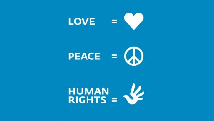 Symbols representing love as a heart, peace as a peace sign, and human rights as a stylized hand