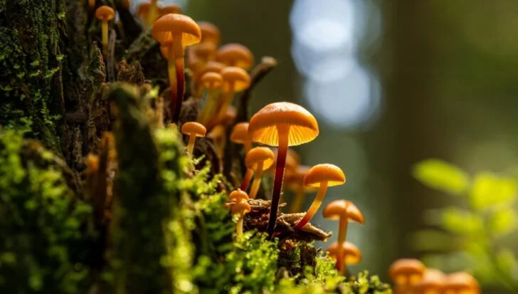 Close-up of orange mushrooms growing on a moss-covered tree trunk in a forest setting