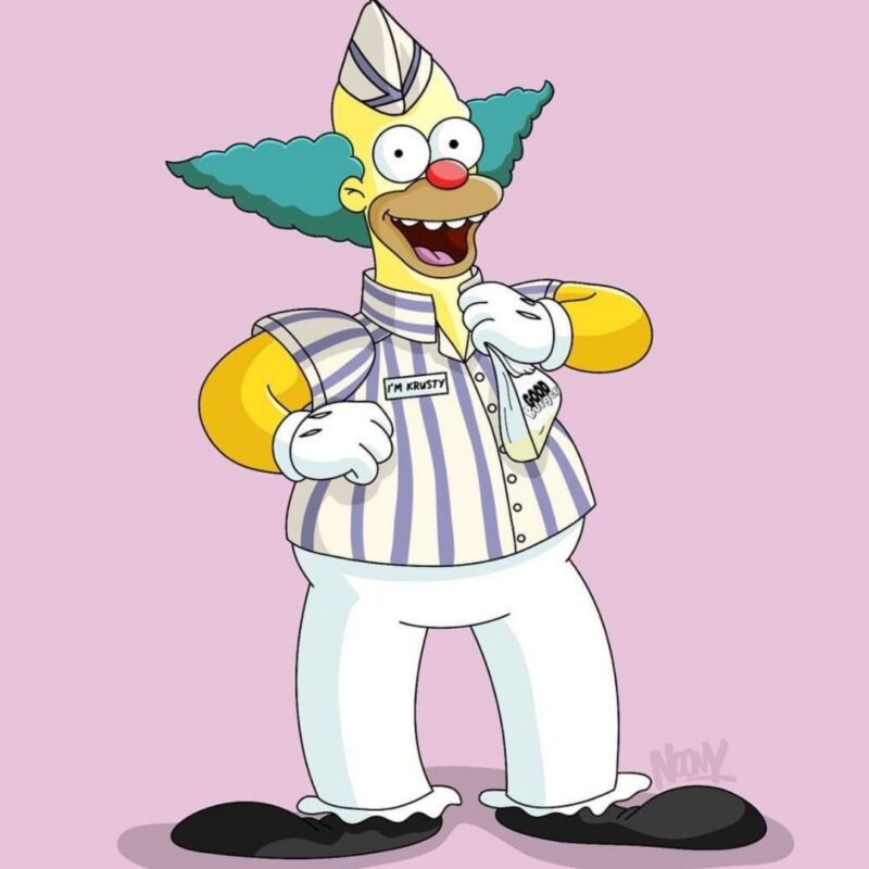 Homer Simpson dressed as Krusty the Clown in a striped uniform
